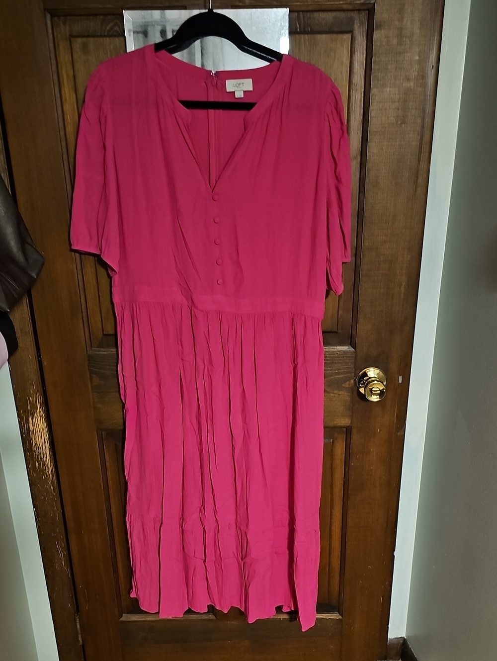 LOFT Bright Pink V-Neck Midi Dress with Button Placket